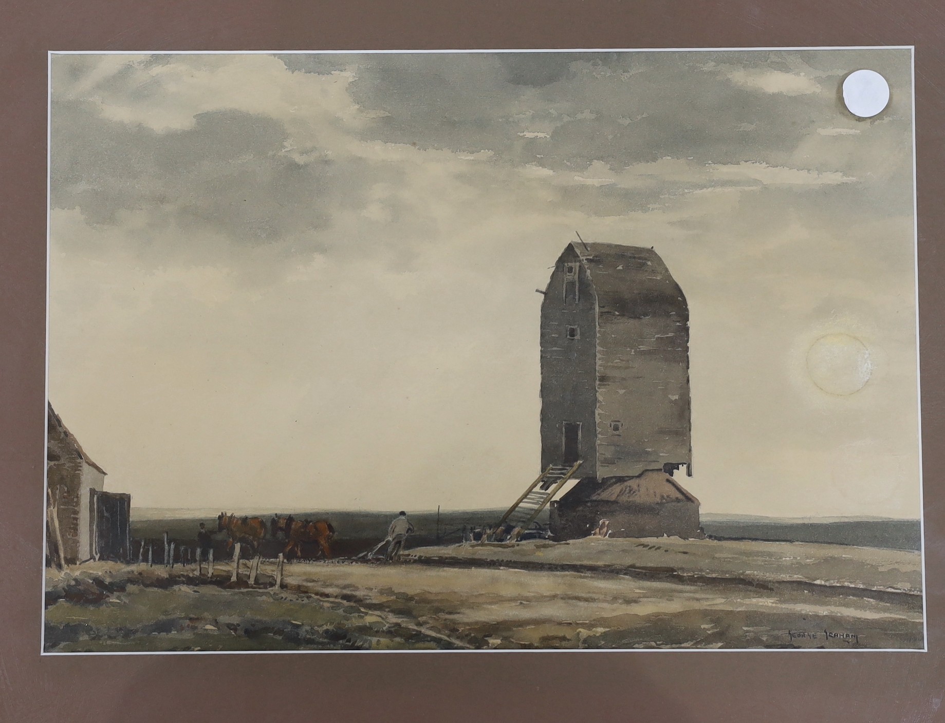 George Graham (1882-1949), watercolour, Windmill in a landscape, signed, 24 x 35cm